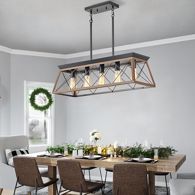 HuixuTe 5-Light Dining Room Chandelier Over Table, Farmhouse Kitchen Island Lighting, Adjustable Height Chandeliers for Kitchen, Dining Room Table Walnut