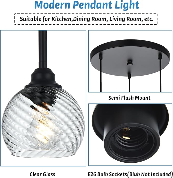 3 Light Black Cluster Pendant Light with Striped Swirl Globe Glass Pendant Lighting for Kitchen Island, Modern Dining Room Light Fixtures Over Table Hanging Ceiling Light, E26 Base