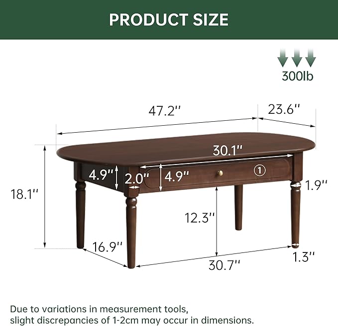 100% Solid Wood Vintage Coffee Table with Drawers, Mid Century Modern Table with Storage, Farmhouse Wooden Coffee Table for Living Room (Walnut Color)