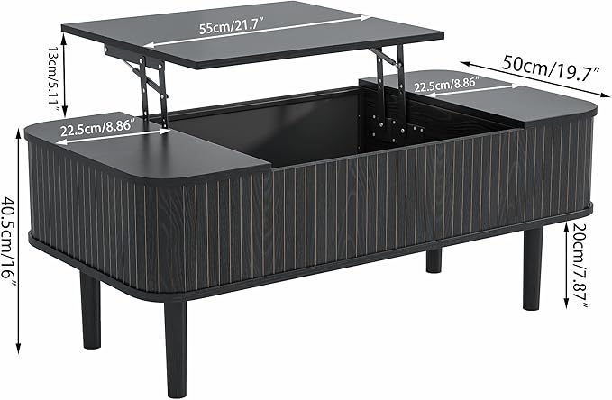 Fluted Lift Top Coffee Table with Storage, Mid Century Modern Coffee Table for Living Room, Home Small Space,39.4" Fluted Center Table (Rectangle-Black, 39.4inch)