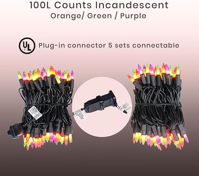 Christmas Lights– 100 Count Mini Purple Orange & Green Incandescent String Lights, 26.5ft Black Wire, UL Listed, Connectable up to 125ft, for Indoor & Outdoor Home Decor