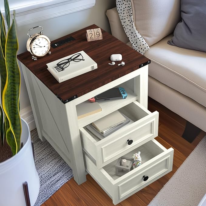 MUUEGM Farmhouse Nightstand with Charging Station, End Tables for Living Room, 18 Inch Bedside Table Side Table with Drawers and Storage Cabinet, Nightstand for Bedroom, White, Set of 1