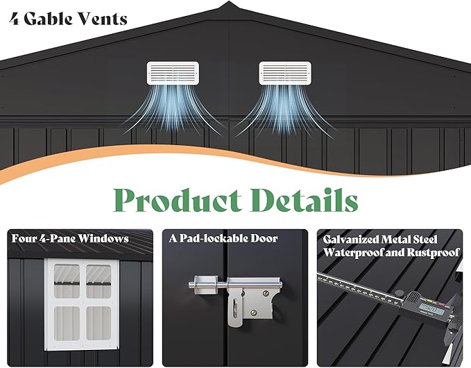AMERLIFE 13x21x8.4 FT Outdoor Metal Garage Shed, Extra Large Storage Shed with Double Hinged Doors & 4 Windows, Carport for Car, Boat, Truck and Equipment Storage, Dark Gray