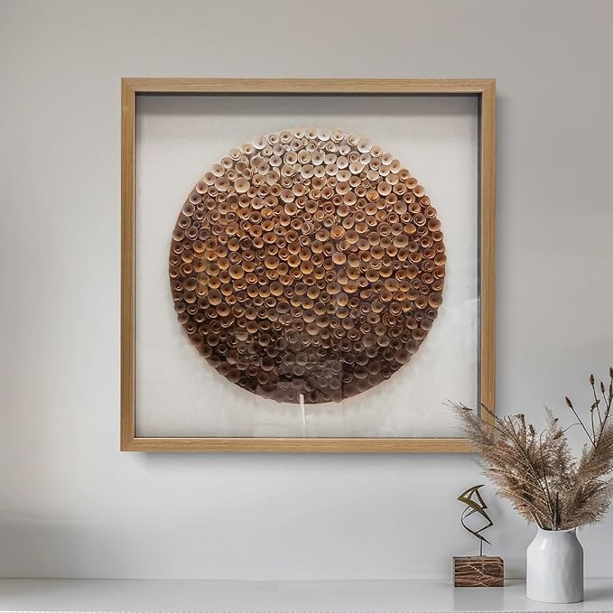 BrightA Natural Wood Paper Cylinder Wall Art Brown Gradient Color Circular Design with Earthy Tones Framed Artwork Modern Minimalist Home Decor for Living Room 31.5"x31.5"