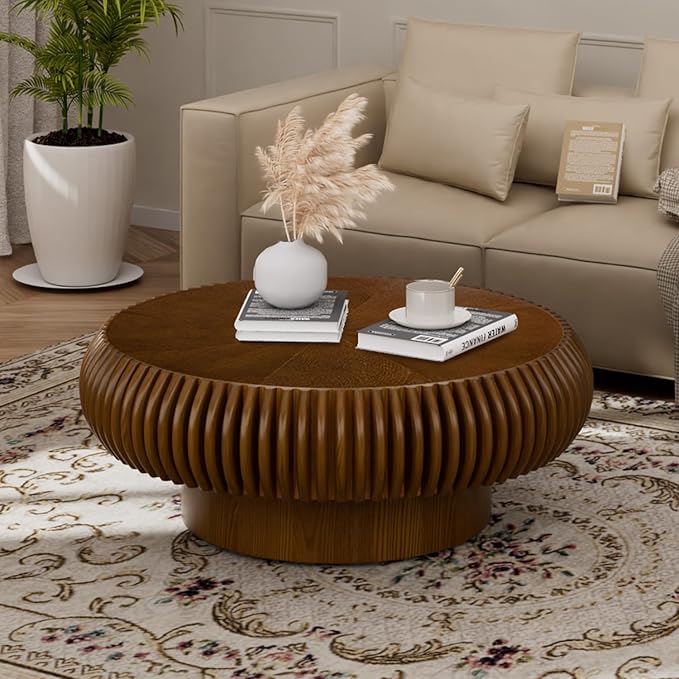 31.5" Drum Coffee Table Modern Unique Fluted Tea Table Contemporary Wood Round Coffee Table with Fluted Centry Table for Living Room Walnut (31.5" Walnut)