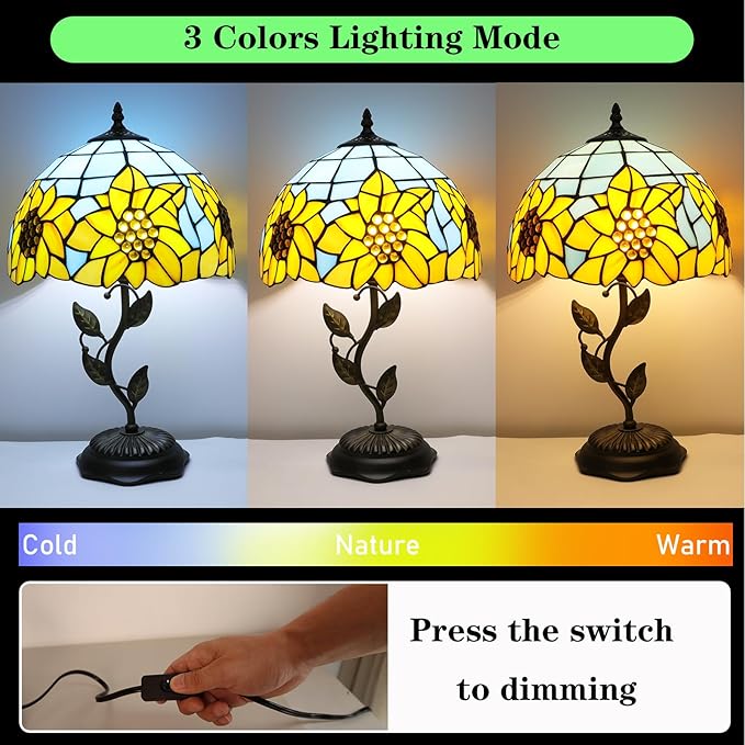 Stained Glass Table Lamp, Sunflower Style Lampshade Metal Leaf Base Desk Reading Light 12X12X19 Inches Decor for Bedroom Living Room Office