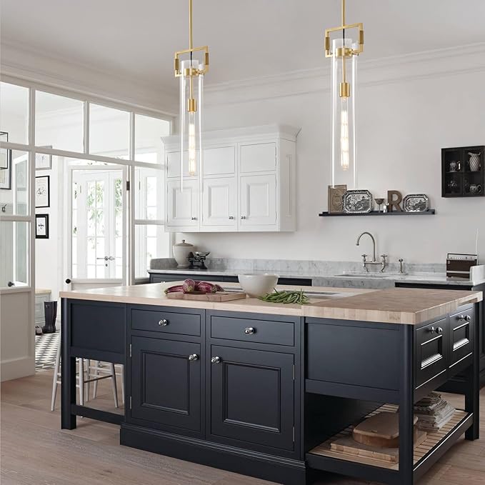 Modern Gold Glass Pendant Light: Knurled Brass Pendant Lights Kitchen Island - Contemporary Hanging Light Fixtures with Cylinder Long Tube - Dimmable Pendants Lighting Fixture over Table for Bedroom