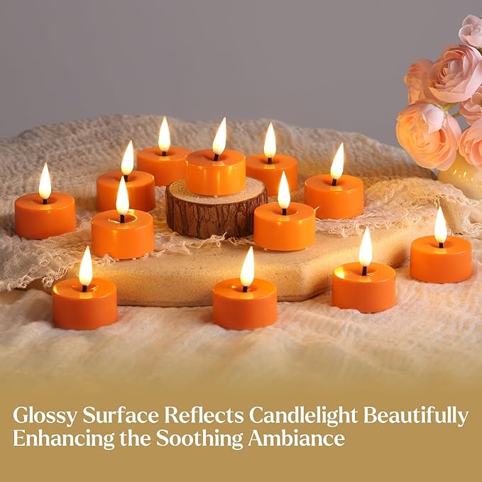 Eywamage Orange LED Tealights with Remote Batteries, Flickering Flameless Tea Votive Candles Christmas Decor Gift Set of 12
