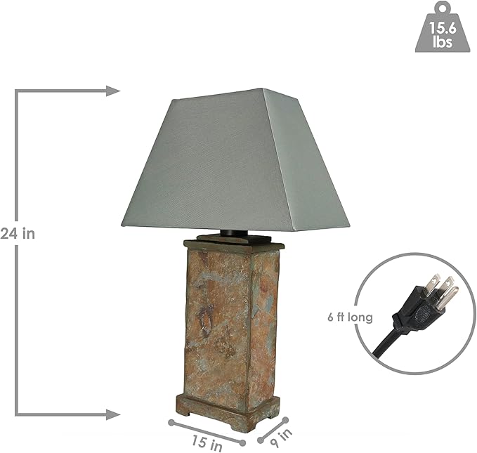 Sunnydaze 24" Outdoor Table Lamp - Weather-Resistant Natural Slate Light for Indoor or Outdoor Use - Gray Cotton Lampshade - Stone