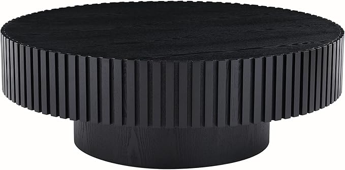 31.49" Black Round Coffee Table for Living Room Modern Wood Fluted Coffee Table with Pedestal Base Circle Accent Table for Apartment Easy Assembly (Watt Black,Round+Ø31.49"x13.97")