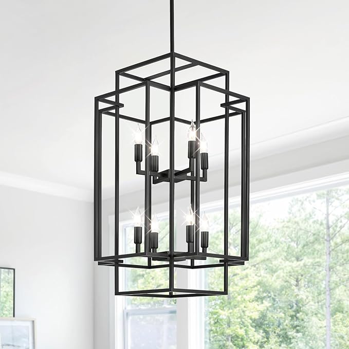WJShome Modern Black Chandelier, 31.5" Large Chandeliers for High Ceilings, 8-Light Tiered Lantern Pendant Light, Farmhouse Foyer Lighting Fixtures, for Living Room, Staircase, Entryway