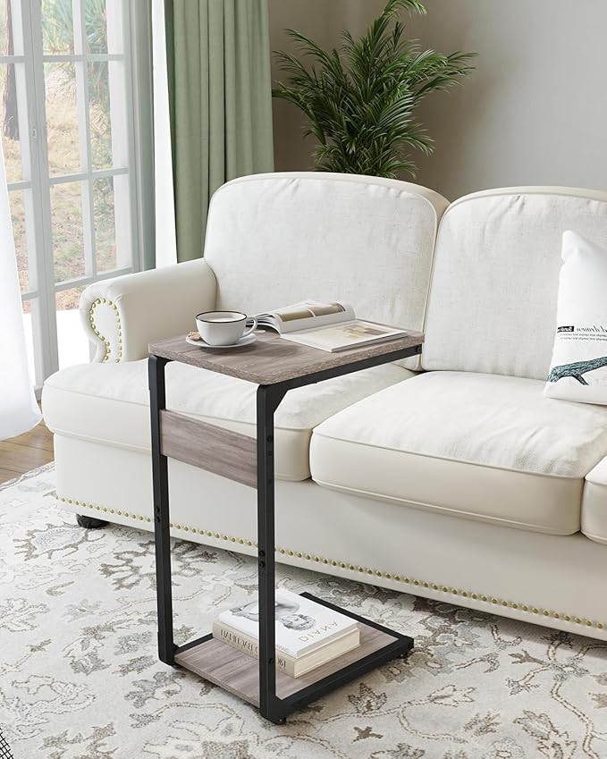 Narrow C-Shaped End Tables, Sofa TV Trays Set of 2, Tray Table Small Couch Side Table for Living Room, Bedroom, Bedside ET-YB-GY2