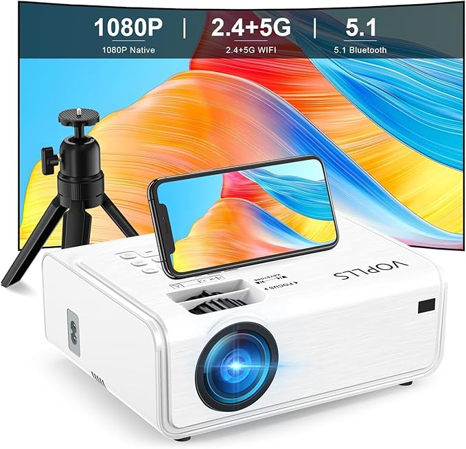 1080P Projector with WiFi and Bluetooth, VOPLLS Outdoor Projectors with Electric Focus, Portable Movie Phone Wireless Gaming Wifi Proyector for Bedroom/Home/Celling