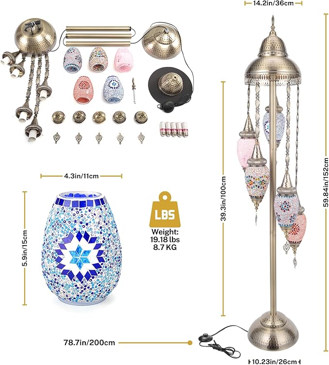 Turkish Floor Lamp, 154CM Moroccan Bohemian Style Living Room Decor, Handcrafted Mosaic Metal Base, Includes 5 Olive Shape Lampshades (XGL Floor-01)