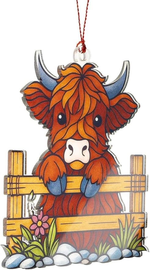Highland Cow Ornaments, Highland Cow Gifts, Christmas Ornaments 2025, Cute Christmas Ornament, Farmhouse Xmas Orrnaments, Suncatcher Effect Stained Glass Window Hanging, Xmas Tree Hanging Decoration