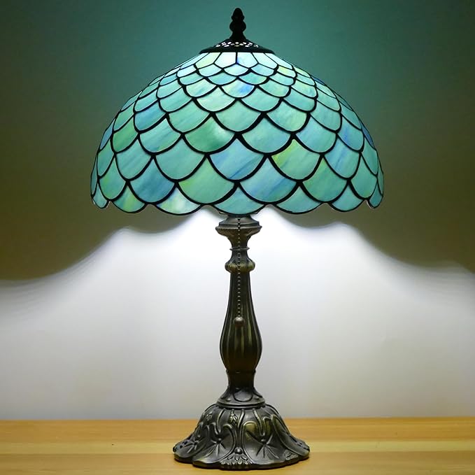 Tiffany Lamp Stained Glass Table Lamp Antique Bedside Reading Light W12H19 Inches (Fishscale Style)