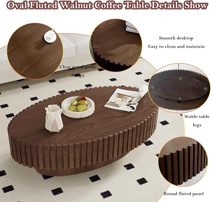 43.3in Fluted Side Tables Living Room Modern Chic Drum Coffee Table - Spacious Tabletop, for Small Space - Living Room Apartment Study,Walnut