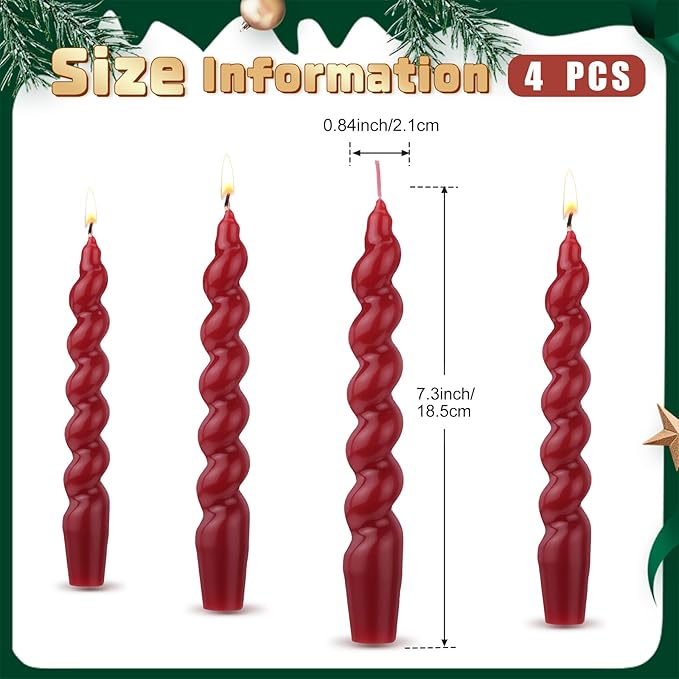 Zhengmy 4 Pcs Burgundy Red Spiral Taper Candle 7 Inch Twisted Long Wax Dinner Candlestick for Fall Halloween Christmas Holiday Valentines Wedding Birthday Baby Shower Table Decor(Solid)