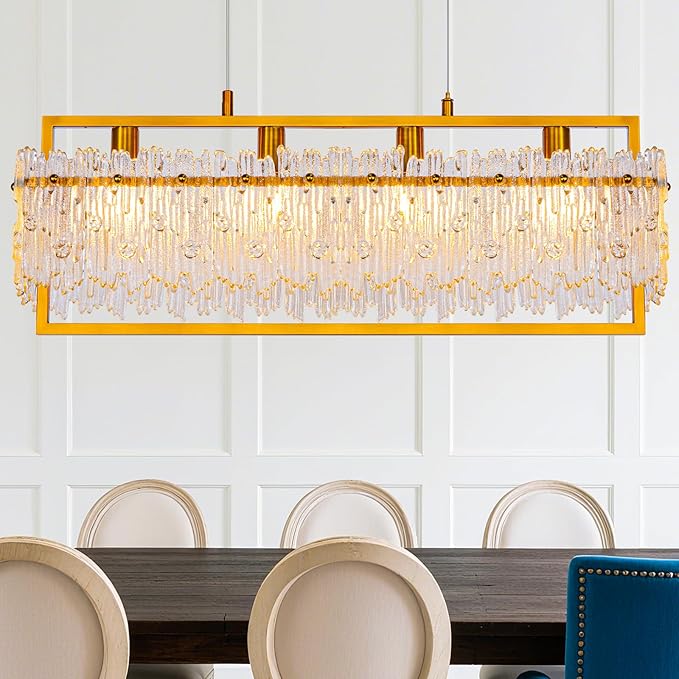MantoLite Dining Room Light Fixture Modern Rectangle Golde Crystal 4-Light Chandeliers for Dining Room 25" Linear Farmhouse Lighting Fixture for Kitchen Island Light Living Room
