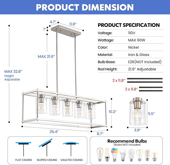 Farmhouse Chandeliers for Kitchen Island, Modern 5-Light Rectangle Chandelier, Brushed Nickel Linear Pendant Lighting Fixture with Clear Glass Shade, L35.4 Inch