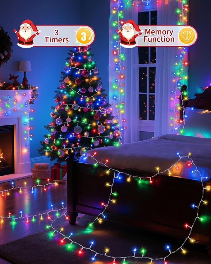 Christmas Lights String Outdoor Indoor,Xmas Tree Decorations Lights,Plug in Twinkle Fairy Light with Remote Timer for Room Yard Holiday Party Wedding Camping Decor (Multicolor, 108FT 300 LED)