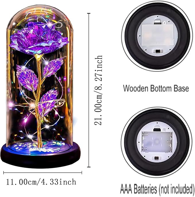 Christmas Rose Gifts for Women Mom, Womens Gifts for Christmas, Glass Flower Gifts for Sister, Rose Enchanted Crystal Flower Gift Light Up in Glass Dome,Birthday Gift for Women Wife Purple