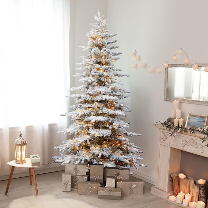 Fraser Hill Farm Pine Valley Flocked Christmas Tree, 9 Feet Tall, Includes White Incandescent Smart Lights with Easy to Connect Features, Artificial Modern Xmas Perfect Decor for The Home