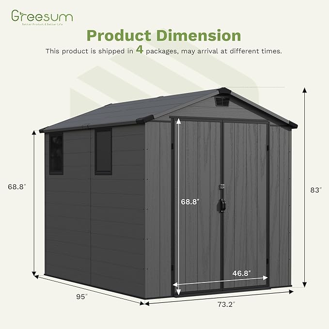 Greesum 6×8FT Plastic Outdoor Storage Shed with Floor, Resin Storaged Sheds with Lockable Double Door, Windows & Vents, All-Weather Tool Sheds for Garden, Backyard, Patio, Dark Gray