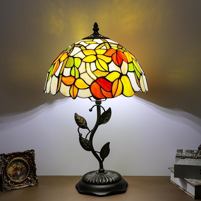 Stained Glass Table Lamp, Flower Style Lampshade & Metal Leaf Antique Base Desk Reading Light 12X12X19 Inches Decor for Bedroom Living Room Office