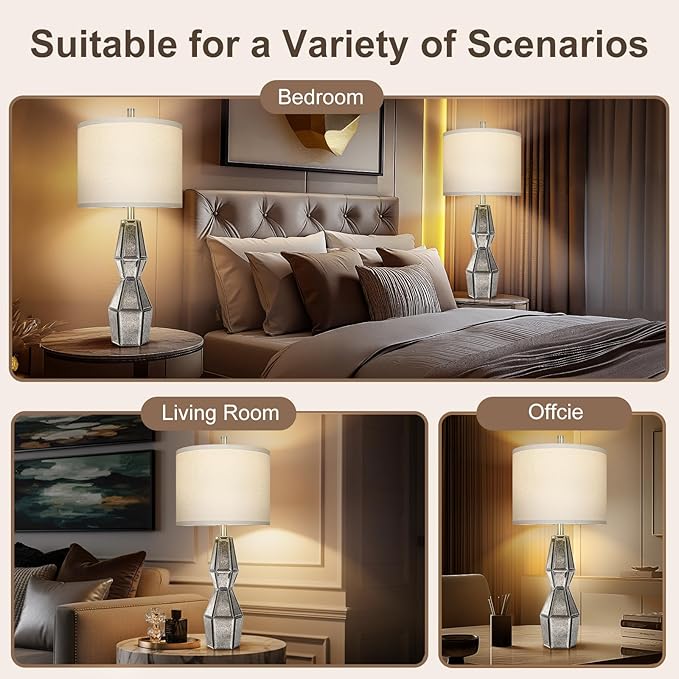 28" Vintage Table Lamps for Bedroom,Antique Bedside Lamp for Living Room with USB A+C Ports,Glass Table Lamps with Linen Shade,3-Way Dimmable Bulb,Nightstand Lamp for Home Hotel Office(Bulb Included)