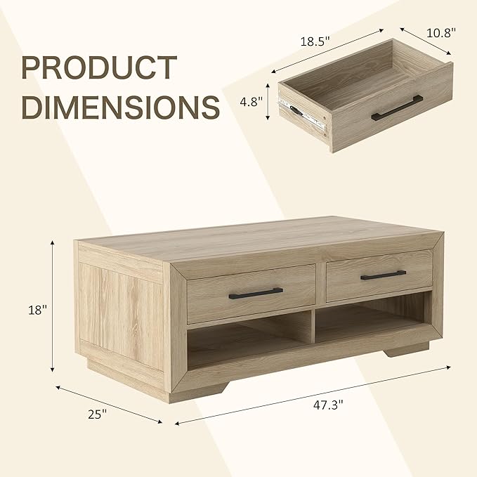 48" Coffee Table with 4 Storage Drawers and Open Shelf, Metal Handles, Solid Rectangular Modern Luxury Farmhouse Table for Living Room, Home Office, Natural