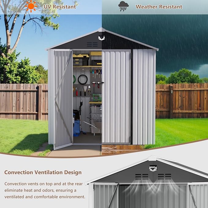 8x6 FT Outdoor Storage Shed, Metal Sheds & Outdoor Storage, Waterproof Sheds with Lockable Doors for Backyard (White, No Window)