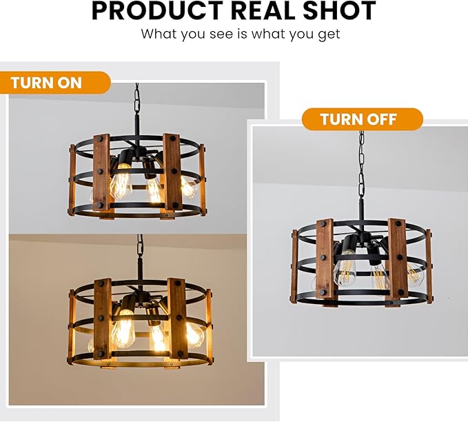 Rustic Farmhouse Chandelier, 4 Lights Pendant Light Fixture, Adjustable Height, Brown Vintage Wood Hanging Pendant Lighting for Entryway Kitchen Island Foyer Dining Room Living Room Bedroom