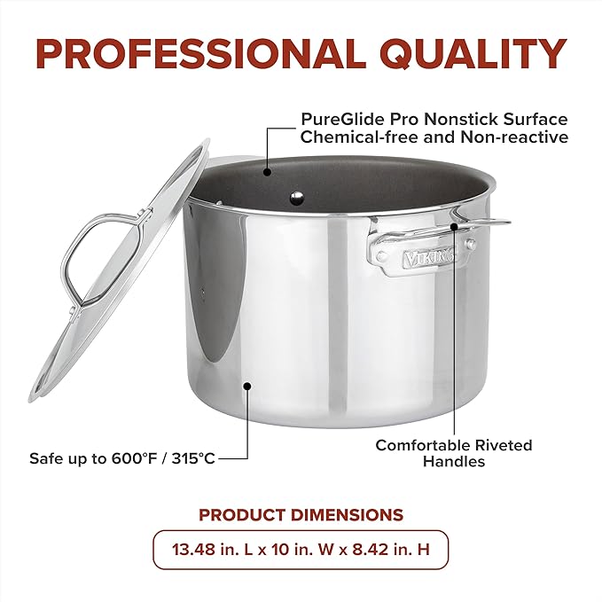 Viking PureGlide Pro 3-Ply Nonstick Stock Pot, Made without PFAS, 8-Quart Induction Soup and Pasta Cooking Pot with Lid, Metal Utensil Safe Titanium Nonstick Surface, Oven Safe to 600F