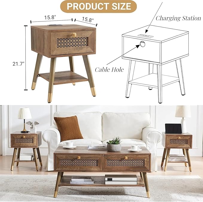 Mid Century Modern End Table, Rustic Oak Small Side Tables with Charging Station & Outlets and USB Ports, Wood Nightstand with Storage Drawer and Open Shelf for Living Room,Set of 2