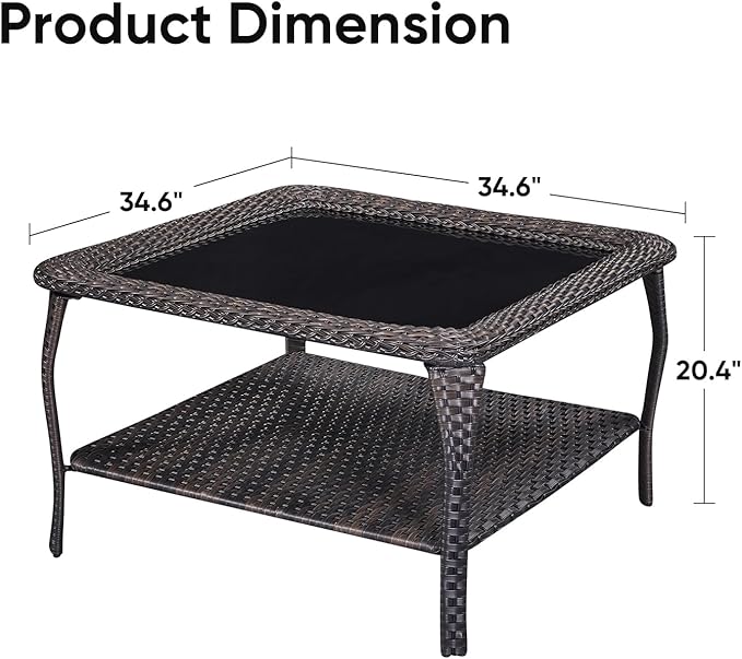 Rilyson Patio Tables Outdoor Coffee Table - Wicker Rattan Coffee Tables with 2-Tier Storage Shelf Glass Top for Proch Deck Balcony Garden Squre Brown