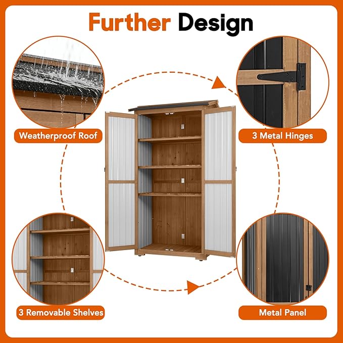 Outdoor Storage Cabinet, Wood & Metal Storage Shed with Weatherproof Roof, 3 Removable Shelves, Lockable Door, Adjustable Feet, Outside Storage Cabinet for Patio