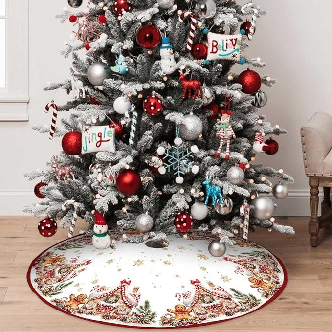 Christmas Tree Skirt 36Inches Christmas Gingerbread Sweet Candy Lollipop Xmas Tree Skirt Mat for New Year Holiday Christmas Party Red Gold Decorations (Red, 36in)