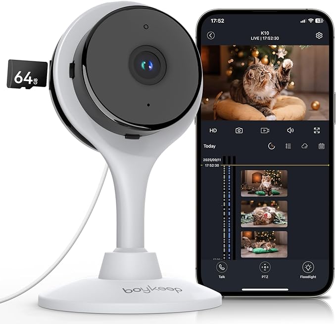 BoyKeep 2K Indoor Camera with 64GB SD Card, 5G/2.4GHz Cameras for Home Security, Pet Camera Indoor with Phone app, 2-Way Audio, Night Vision, Motion Detection, Cloud & SD Card Storage
