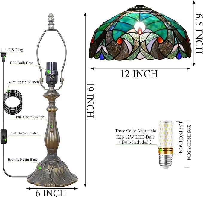 Tiffany Lamp Stained Glass Table Lamp Antique Bedside Reading Light W12H19 Inches (Green Liaison)