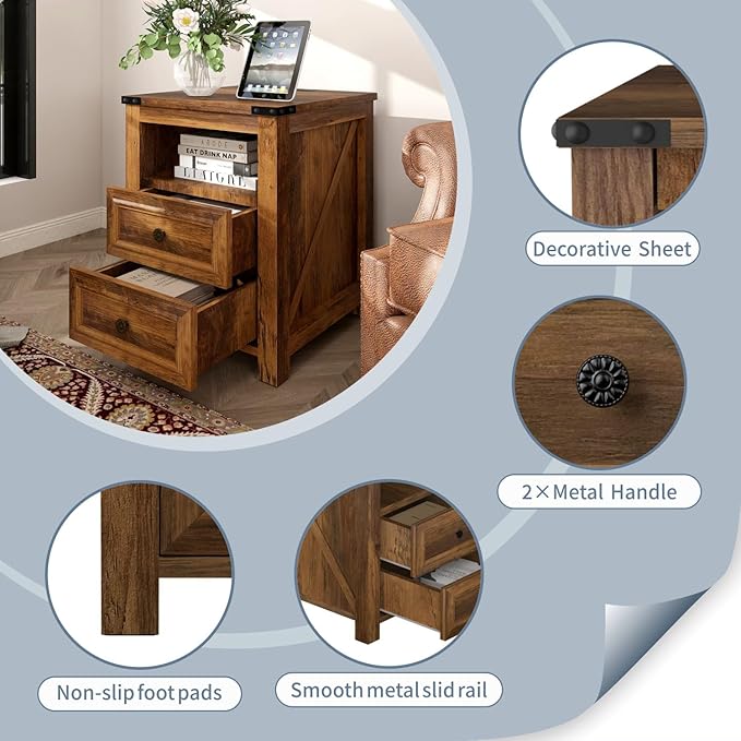 MUUEGM Farmhouse Nightstand with Charging Station, End Tables for Living Room, 18 Inch Bedside Table Side Table with Drawers and Storage Cabinet, Nightstand for Bedroom, Brown, Set of 1