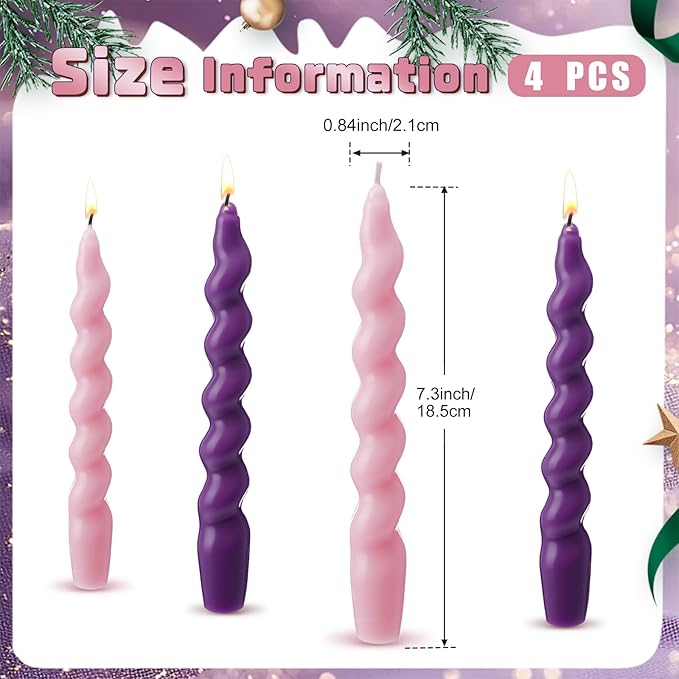 Zhengmy 4 Pcs Advent Spiral Taper Candle 7 Inch Twisted Long Wax Dinner Candlestick for Advent Wreaths Holiday Christmas Table Decor(Purple, Pink, Solid)
