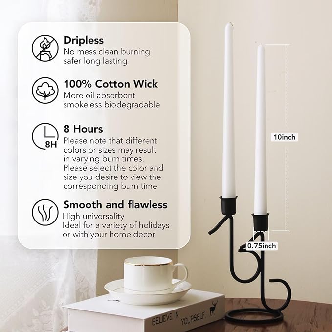 10-Inch Tall Unscented Dripless Taper Candles Bulk 30 Pack - White Taper Candles Bulk, Perfect for Wedding, Dinner - Smokeless, 6-8 Hour Long Burning - Colored Candlesticks Bulk - White