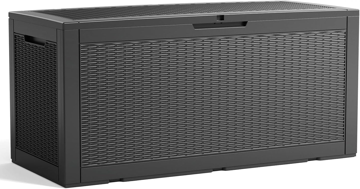 100 Gallon Outdoor Storage Box,Waterproof Lockable Resin Deck Box,Storage Container with Reinforced Support for Patio Cushions, Furniture Supplies, Garden Tools, UV-Resistant Outdoor Chest (Black)