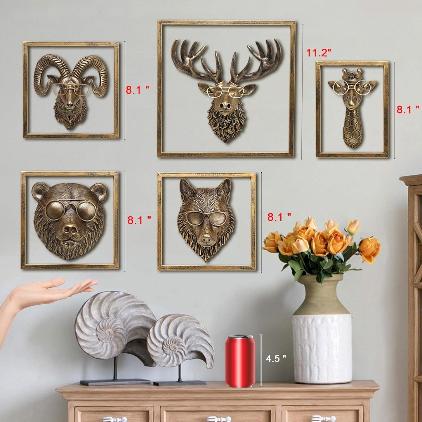 JJALIGHTS Animal Heads Wall Decor Resin Animals Sculptures Head Wall Hanging Decoration Imitation Copper vintage Wall Sculpture for Living Room Bedroom Office(5pcs,Includes Metal Frame)