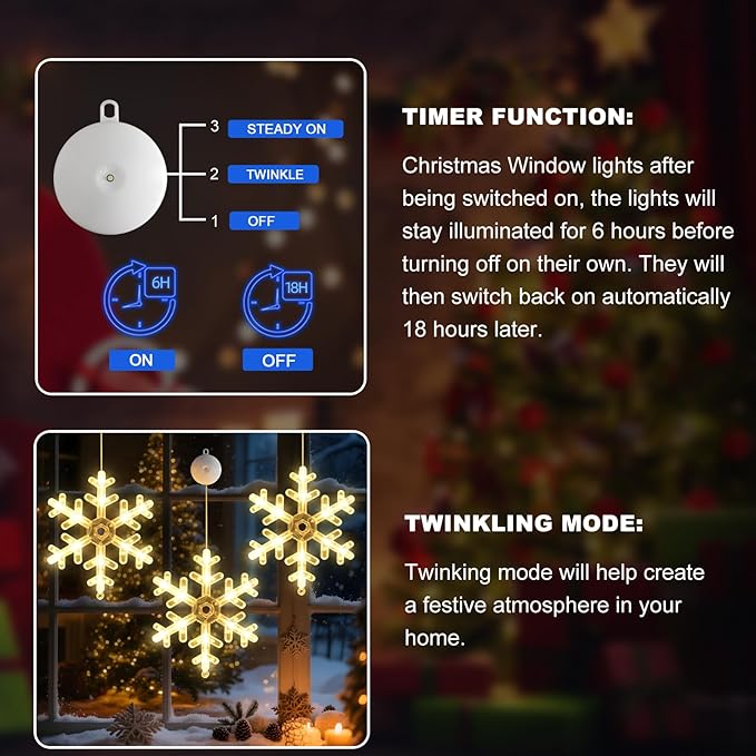 3Pack Christmas Window Lights Decorations with Timer,Battery Powered Christmas Hanging Warm White Lighted Snowflake Shaped LED Sucker for 2026 Xmas Tree Fireplace Indoor Decor