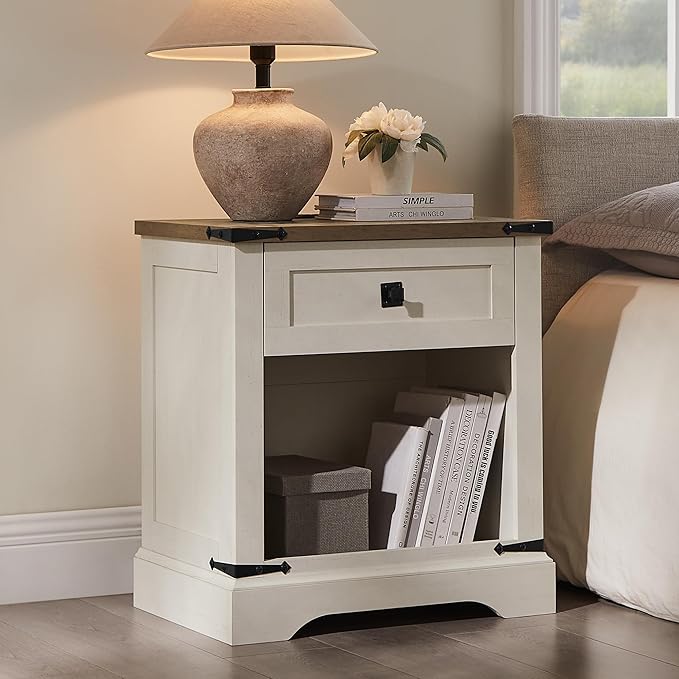 T4TREAM 24" Farmhouse Nightstand with Charging Station, Large End Table with Drawer and Open Storage Cabinet, Rustic Wood Bedside Table Sofa Table for Bedroom, Antique White