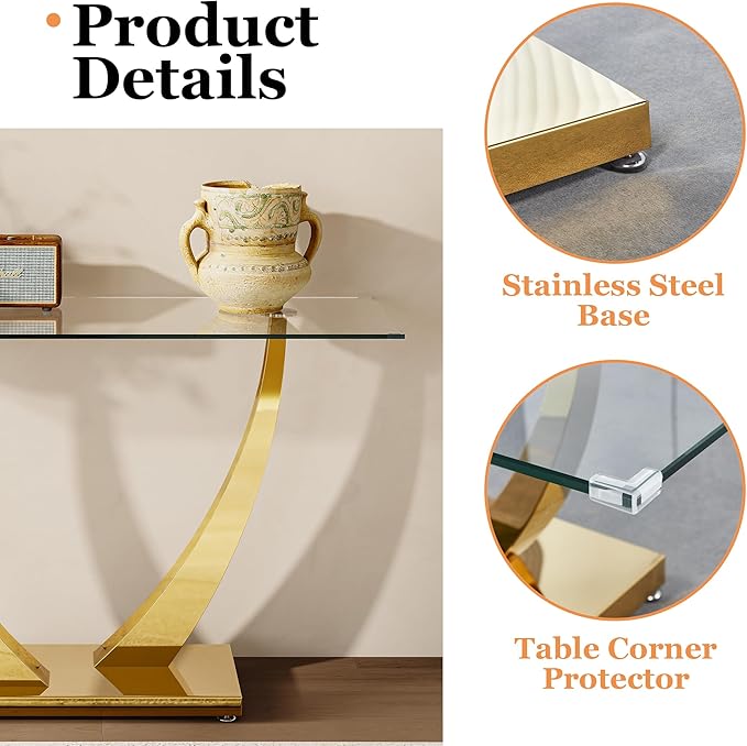47" Glass Console Table, Modern Rectangular Sofa Table with Tempered Glass Top and Gold Horn-Shaped Stainless Steel Base for Living Room, Entryway, Hallway