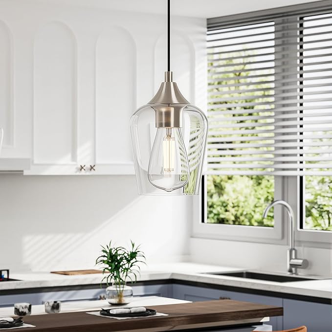 VONLUCE Pendant Lights Kitchen Island, Brushed Nickel Pendant Light Fixtures with E26 Base & Adjustable Cable, Modern Pendant Lighting with Glass Shade for Living Room Bedroom Hallway, 5 Packs