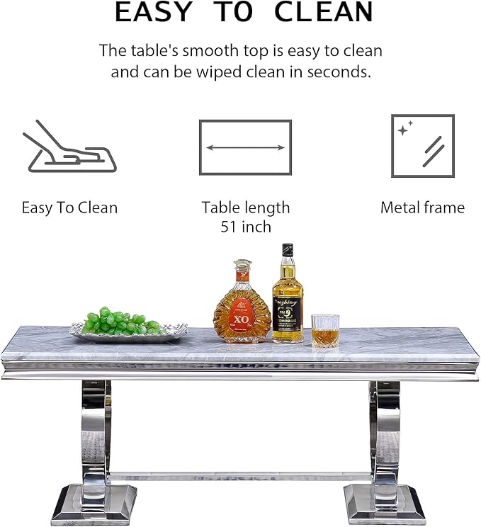 Asday Silver Coffee Table, Grey Rectangular Living Room Table with Silver Mirrored Metal U-Base, Sofa Coffee Table for Living Room, Guest Hall, Reception Room